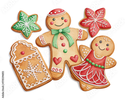Watercolor gingerbread cookies set vector illustration isolated on white background