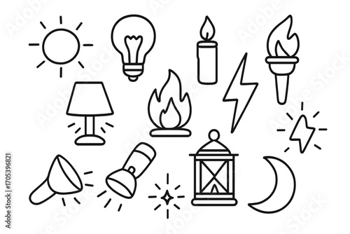 Simple Light Source Icons. Hand-drawn doodle illustration light source sun, light bulb, candle, torch, lamp, fire, lightning bolt,
