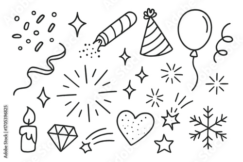 Celebration Icons Doodle. Hand-drawn doodle illustration glitter celebration confetti, sparkling stars, glitter tube, party hat,