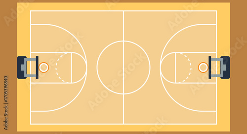 Flat design illustration of a basketball court viewed from the top, featuring clear markings, hoops, and vibrant court colors, emphasizing sport layout and game strategy on a solid background