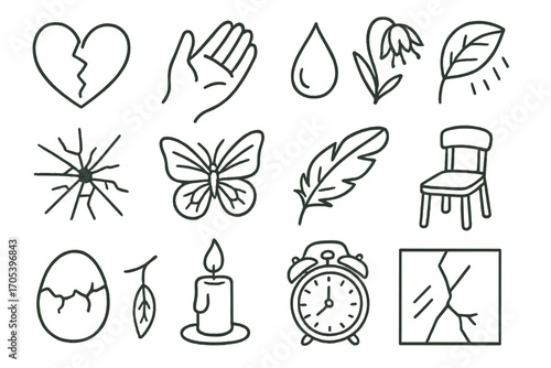 Vulnerable Symbols Doodle. Hand-drawn doodle illustration vulnerability cracked heart, fragile hand, tear drop, wilting flower,