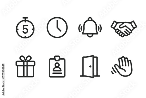 Arrival Process Icons. Outline icon set of arrival process: countdown clock, arrival time, notification sound, handshake, welcome