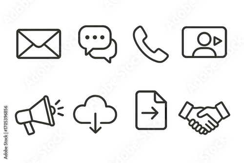 Network Communication Icons. Outline icon set of network communication: email, chat bubbles, phone, video call, megaphone, cloud