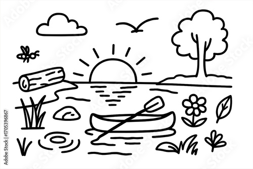 River Sunset Doodles. Hand-drawn doodle illustration River sunset scene river, sun setting, tree silhouette, cloud, bird flying,
