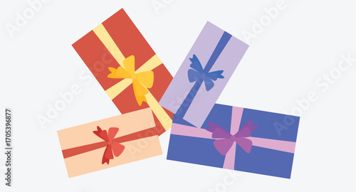 Flat design illustration of multiple carefully wrapped presents viewed from the top, featuring ribbons, bows, and patterned paper, creating a festive and organized gift-giving