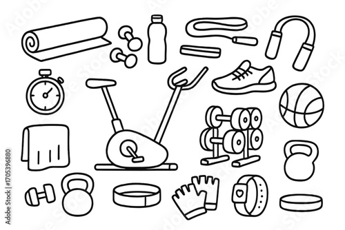 Home Gym Essentials. Hand-drawn doodle illustration Home gym essentials yoga mat, dumbbells, water bottle, resistance bands, jump