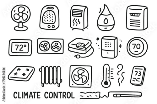 Climate Control Doodles. Hand-drawn doodle illustration Portable climate control appliances portable fan, space heater, air