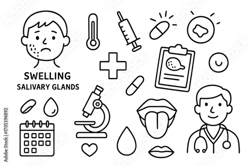 Salivary Gland Doodle Art. Hand-drawn doodle illustration salivary glands gland disorders swelling, salivary glands, thermometer,