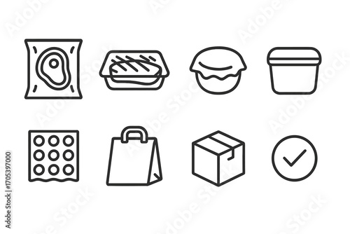 Food Packaging Icons. Outline icon set of protective layers in food packaging: vacuum seal, plastic wrap, foil cover, airtight