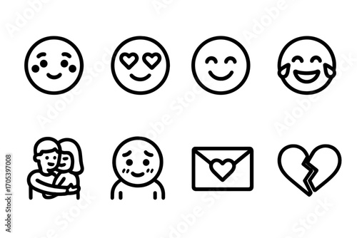 Romantic Emotion Icons. Outline icon set of romantic emotions: blush, heart eyes, smile, tears of joy, hugging couple, shy face,