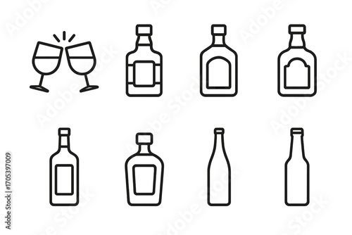 Alcohol Icon Set. Outline icon set of alcoholic beverages: clinking glasses, whiskey bottle, gin bottle, rum bottle, vodka bottle,