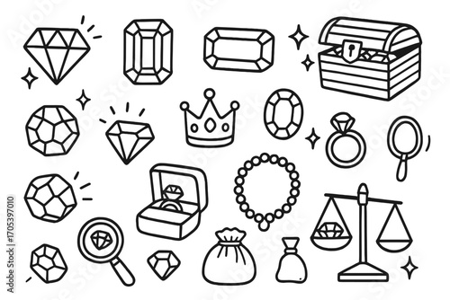 Jewelry Doodle Icons. Hand-drawn doodle illustration precious stones and diamonds diamond, ruby, emerald, sapphire, jewelry box,