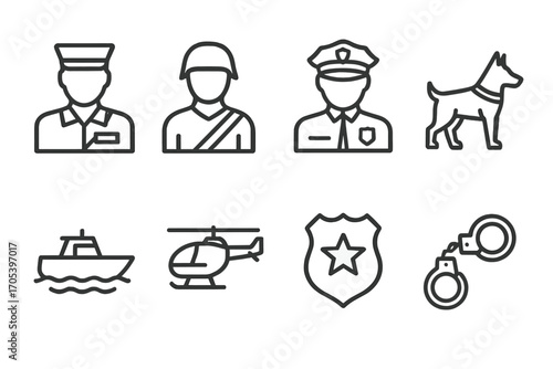 Border Personnel Icons. Outline icon set of border personnel: customs officer, soldier, police officer, guard dog, patrol boat,