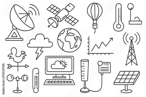 Weather Instruments Doodles. Hand-drawn doodle illustration Weather forecasting instruments radar, satellite, weather balloon,