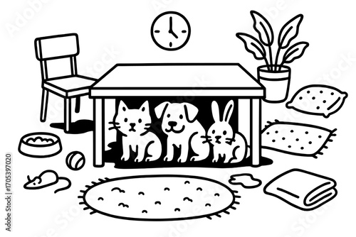 Hiding Animals Doodle. Hand-drawn doodle illustration Animal hiding under table cat, dog, rabbit, table legs, chair, food bowl,