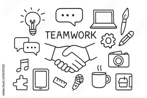 Creative Teamwork Icons. Hand-drawn doodle illustration Teamwork across creative fields handshake, light bulb, speech bubbles,