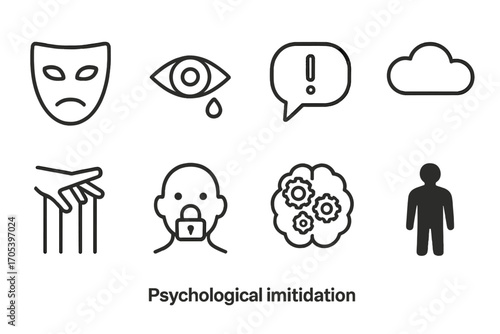 Psychological Icon Set. Outline icon set of psychological intimidation: mask, eye with tear, speech bubble with exclamation, dark