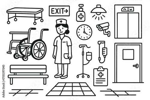 Hospital Corridor Doodles. Hand-drawn doodle illustration hospital corridor stretcher, wheelchair, nurse, exit sign, hand