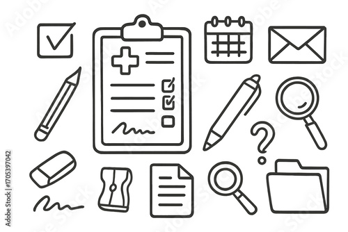 Medical Form Doodle Icons. Hand-drawn doodle illustration medical form paper, pen, pencil, clipboard, checkbox, calendar, envelope