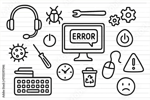 Tech Troubles Doodles. Hand-drawn doodle illustration tech support headset, computer monitor, error message, screwdriver, bug,