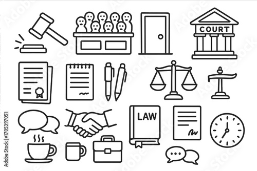 Courtroom Doodle Icons. Hand-drawn doodle illustration courtroom decision judge’s gavel, jury box, closed door, scales of justice,