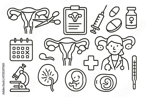 Reproductive Health Icons. Hand-drawn doodle illustration fallopian tubes tubal ligation fallopian tubes, scissors, uterus,