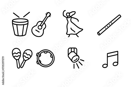 Icon Sets Fusion. Outline icon set of music and dance traditions: drum, guitar, dancer silhouette, flute, maracas, tambourine,