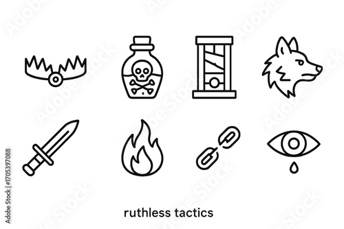 Ruthless Tactics Icons. Outline icon set of ruthless tactics: trap, poison vial, guillotine, wolf, dagger, fire flame, broken