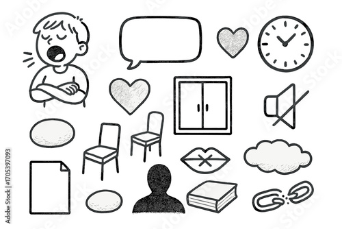 Doodle of Disinterest. Hand-drawn doodle illustration lack of interest yawning face, crossed arms, empty bubble, clock, fading