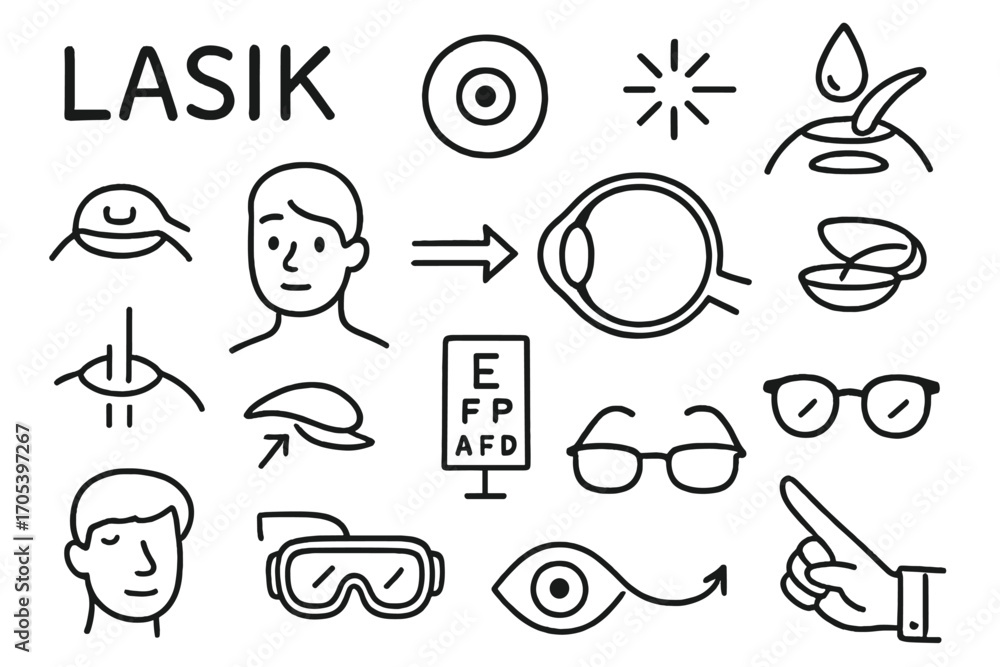Naklejka premium LASIK Procedure Doodles. Hand-drawn doodle illustration LASIK and cornea cornea, laser icon, eye cross-section, flap symbol, light