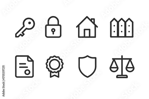 Property Rights Icons. Outline icon set of property rights: key, lock, house, fence, document, seal, shield, scales of justice.