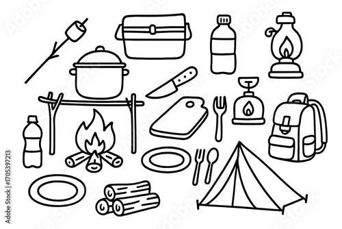 Camping Essentials Doodle. Hand-drawn doodle illustration Camping meals campfire, cooking pot, marshmallow on stick, cooler, water
