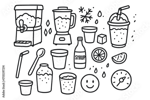 Slush Machine Icons. Hand-drawn doodle illustration slush machine and preparation blender, slush cup, ice crystals, syrup bottle,