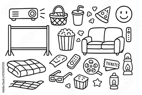 Outdoor Movie Night Icons. Hand-drawn doodle illustration movie night outdoor setup projector, screen, blanket, picnic basket,