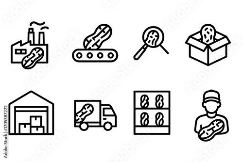 Peanut Industry Icons. Outline icon set of peanut industry: factory, conveyor belt, quality control, shipping box, warehouse,