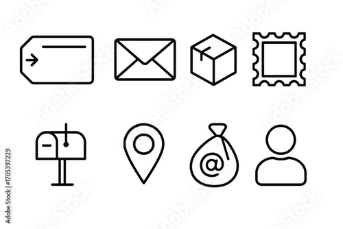 Mail Icon Set. Outline icon set of sender’s details: return label, envelope, parcel, postal stamp, mailbox, map marker, mailbag,