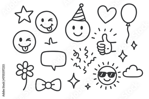 Playful Doodle Icons. Hand-drawn doodle illustration winking fun faces wink eye, tongue out, smile, sunglasses, star, heart,