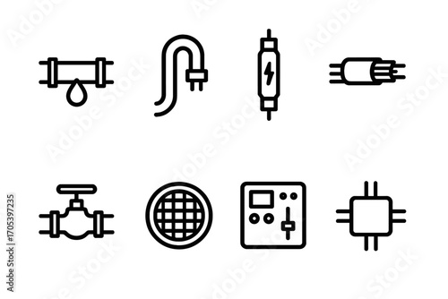 Utility Icon Grid. Outline icon set of underground utilities: water pipe, electrical conduit, gas pipeline, fiber optic cable,