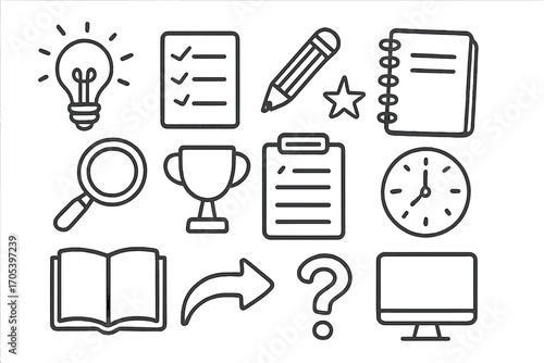 Creative Doodle Icons. Hand-drawn doodle illustration example light bulb, checklist, pencil, notebook, magnifying glass, paper,