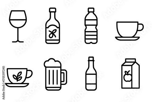Croatian Beverage Icons. Outline icon set of Croatian beverages: Croatian wine glass, rakija bottle, mineral water bottle, coffee