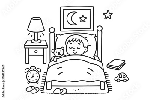 Cozy Bedtime Doodle. Hand-drawn doodle illustration Child tucked in bed under soft nightlight child asleep, bed, blanket, pillow,
