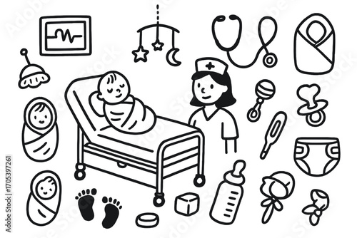 Newborn Doodle Icons. Hand-drawn doodle illustration hospital delivery room hospital bed, newborn baby, nurse, heart monitor, baby