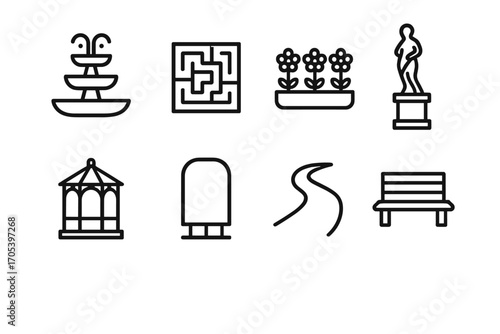 Palace Garden Icons. Outline icon set of palace gardens and grounds: fountain, maze, flower bed, statue, gazebo, hedge, pathway,