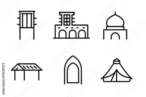 Middle Eastern Icons. Outline icon set of Kuwaiti architecture: Wind tower, Barjeel, Courtyard house, Mosque dome, Palm-frond roof