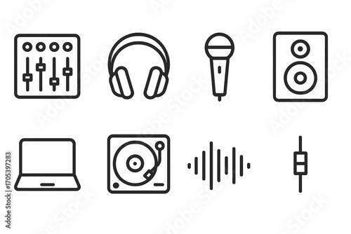 Live Music Icon Set. Outline icon set of live music instruments: mixer, headphones, microphone, speaker, laptop, turntable,