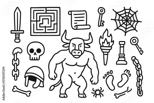 Minotaur Labyrinth Icons. Hand-drawn doodle illustration ancient minotaur legend minotaur, labyrinth, horned head, sword, shield,