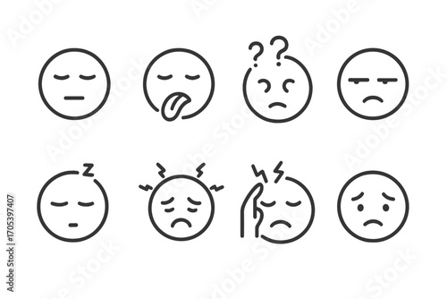 Hangover Emotions Icons. Outline icon set of hangover emotions: tired face, nauseous face, confused face, irritated face, sleepy