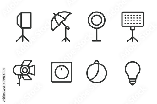 Photography Lighting Icons. Outline icon set of photography lighting: softbox, umbrella light, ring light, LED panel, spotlight,