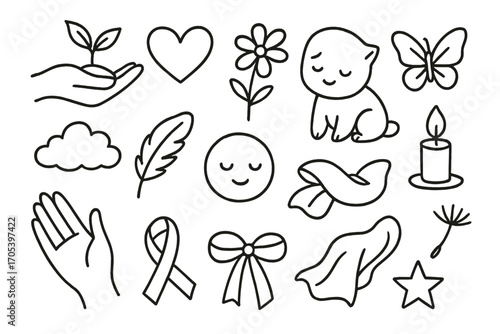 Nurturing Hand Doodle Icons. Hand-drawn doodle illustration nurturing hand holding seedling, heart, flower, baby animal, leaf,