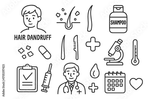 Dandruff Care Icons. Hand-drawn doodle illustration hair dandruff scalp, dandruff flakes, shampoo bottle, hair strand, comb,